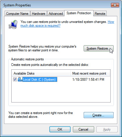 system properties system restore